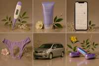 a collage of photos showing a car, a phone, a tampon, and other items